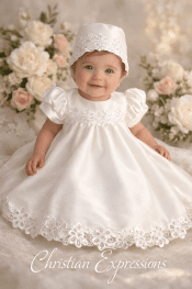 Girls Shantung Christening Dress with Corded Embroidered Trim & Sequins