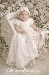 Girls Christening Gown – Embroidered Tulle with Cross Design