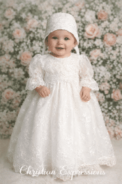 Girls Christening Gown – Embroidered Tulle with Sequins with Puffy Sleeves