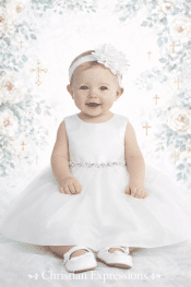 Girls Satin Bodice Christening Dress with Glitter Tulle Skirt & Rhinestone Waist
