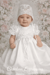 Girls Christening Gown – Embroidered Satin with Corded Embroidered Tulle