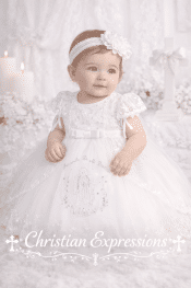 Infant Girls Christening Dress – Cape Sleeve Embroidered Bodice