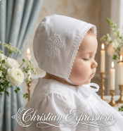 White Embroidered Irish Shamrocks and Celtic Cross Baby Bonnet
