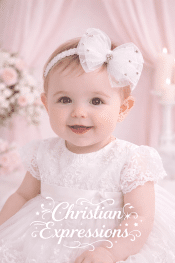 Baby Girls White Christening Bow Headband with Rhinestones