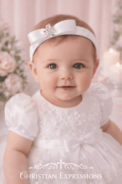 Baby Girls White Christening Satin Headband with Rhinestone Flower