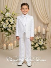 Boys White Brocade First Communion Tuxedo Suit