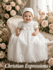 Girls Christening Gown – Embroidered Tulle with Sequins & Bow