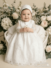 Girls Christening Gown – Corded Embroidered Tulle with Sequins & Organza Long Sleeves