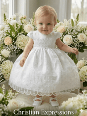 Girls Christening Dress – Satin Bodice with Lace Trim & Embroidered Organza Skirt with Cross Designs