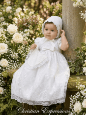 Girls Christening Gown – Embroidered Tulle with Sequins & Bow