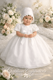 Girls Christening Gown – Embroidered Satin Ribbon on Tulle Bodice