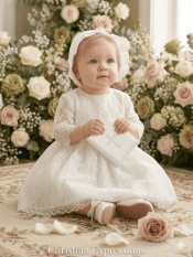 Baby Girls Short Christening Dress with Embroidered Appliques & Sleeves