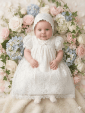 Girls Christening Gown – Lace Yoke Dress with Bonnet