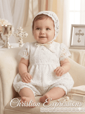 Baby Girls Christening Lace Bubble Romper with Bonnet