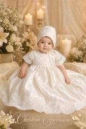 Girls Raw Silk Christening Gown with Beaded Embroidered Tulle Waist