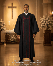 Men’s Black Clergy Pulpit Robe with Double Red Trim